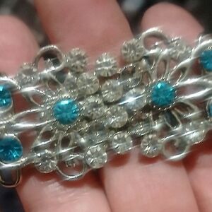 Silver-Tone Floral Brooch with Turquoise and Clear Crystals